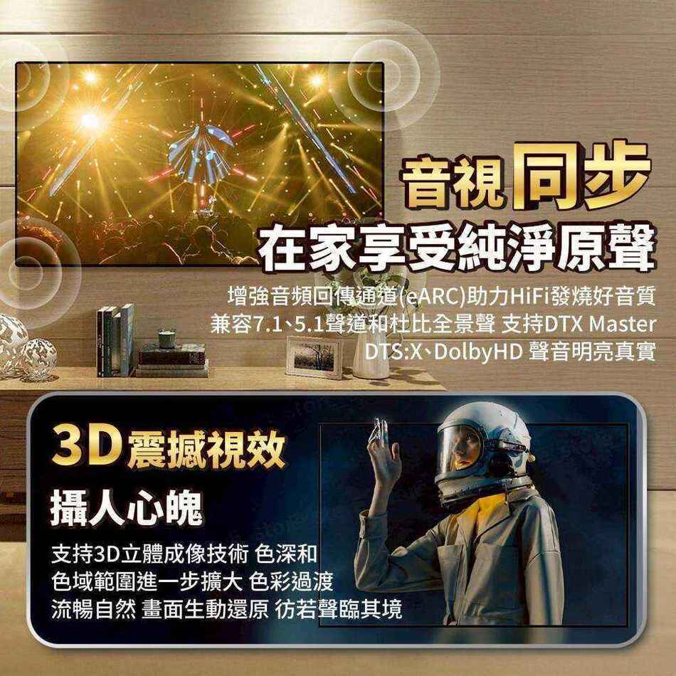 音視同步在家享受純淨原聲增強音頻回傳通道(eARC)助力HiFi發燒好音質兼容7.1、5.1聲道和杜比全景聲 支持DTX MasterDTS:X、DolbyHD 聲音明亮真實3D震撼視效攝人心魄支持3D立體成像技術 色深和色域範圍進一步擴大 色彩過渡流暢自然 畫面生動還原 彷若聲臨其境