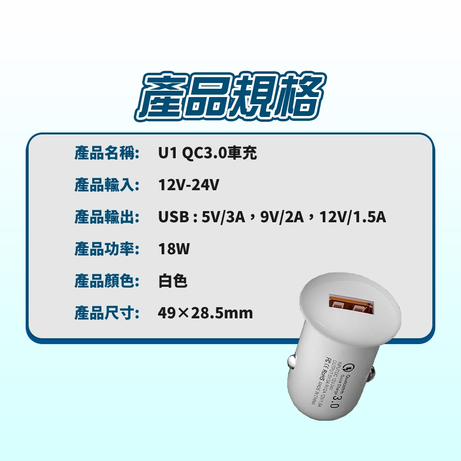 產品規格產品名稱: U1 QC充產品輸入: 12V-24V產品輸出: USB:5V/3A,9V/2A,12V/1.5A產品功率: 18W產品顏色: 白色產品尺寸: 49×28.5mm  3.0Qualcomm  ROHS MADE IN