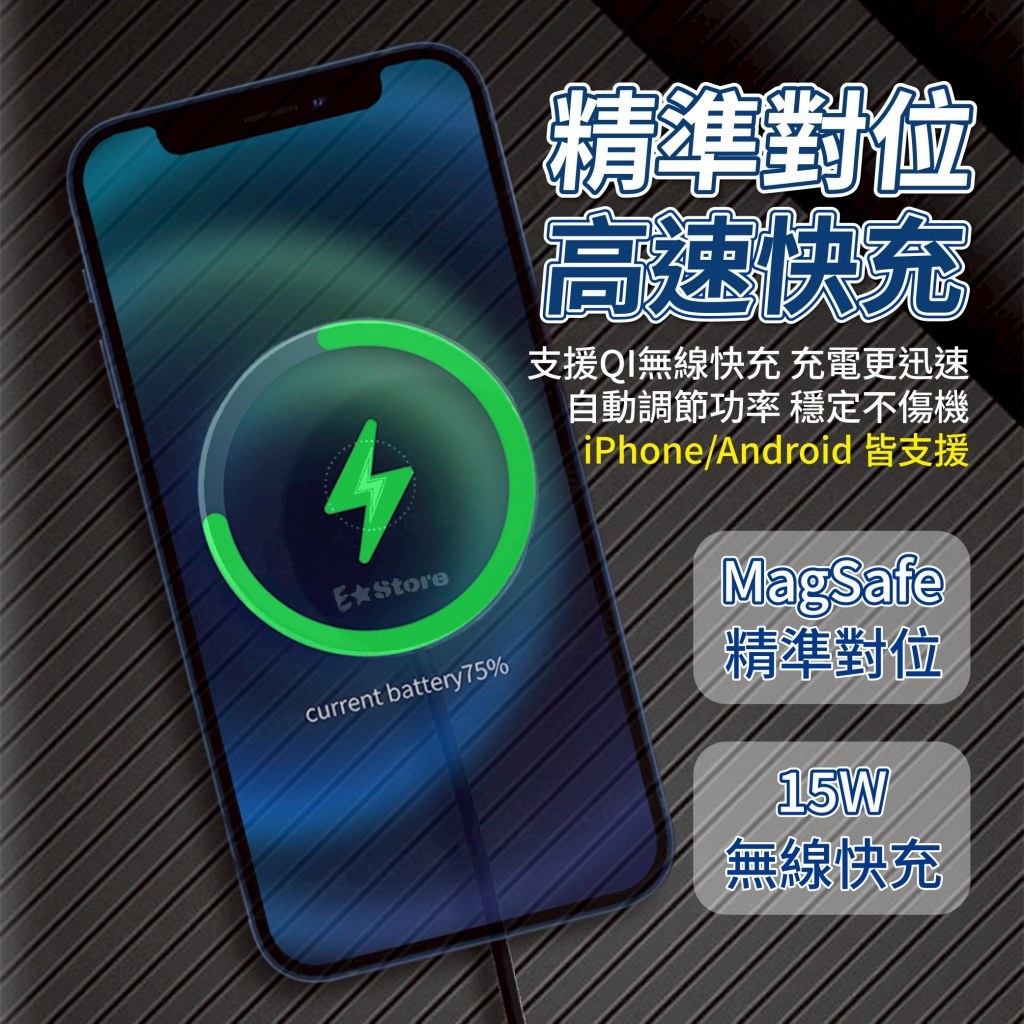 4current battery75%精準對位高速快充支援QI無線快充 充電更迅速自動調節功率 穩定不傷機iPhone/Android 皆支援Magsafe精準對位15W無線快充