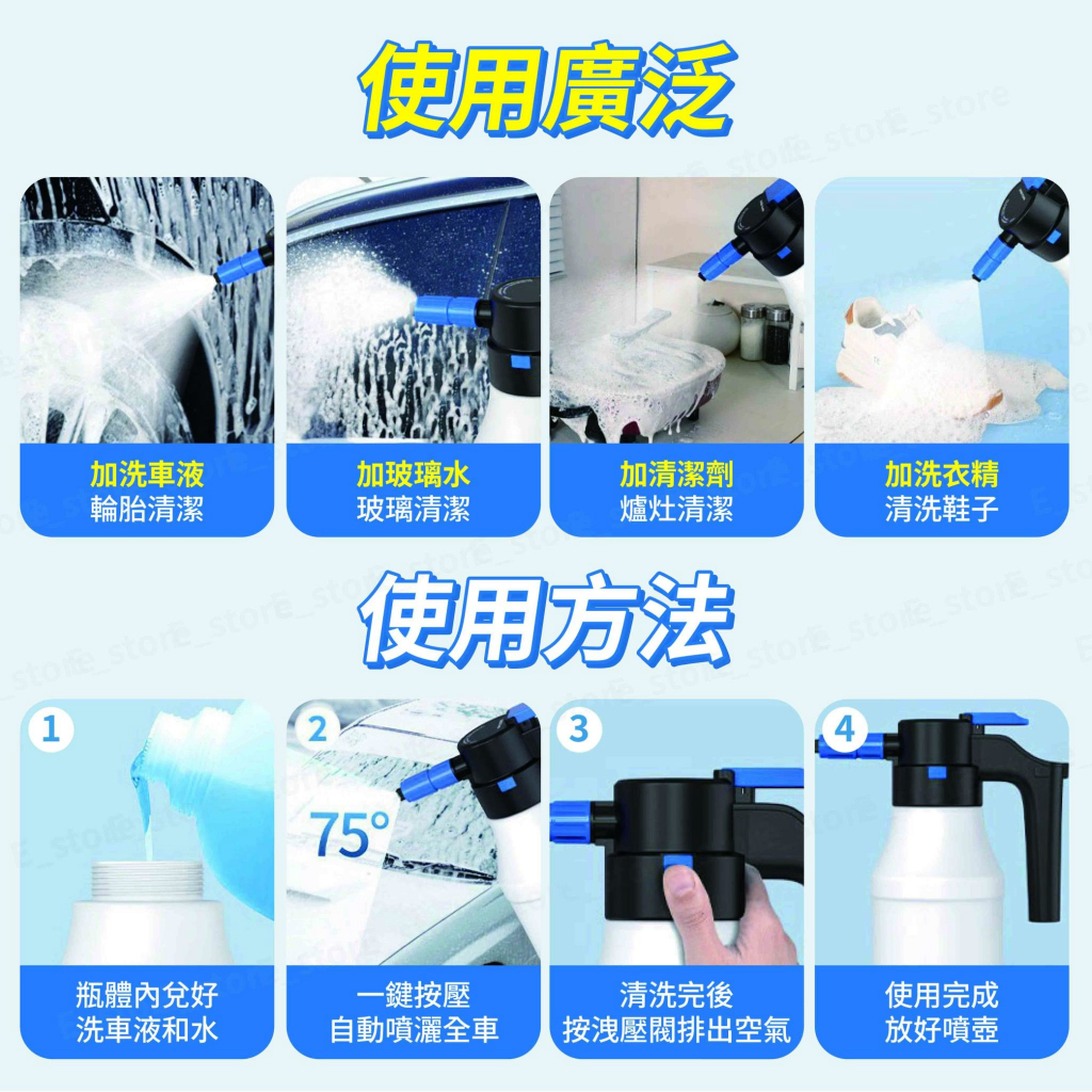 使用廣泛  加洗車液加玻璃水加清潔劑輪胎清潔加洗衣精玻璃清潔爐灶清潔清洗鞋子   123使用方法 store store sto475瓶體內兌好一鍵按壓清洗完後使用完成洗車液和水自動噴灑全車按洩壓排出空氣放好噴壺